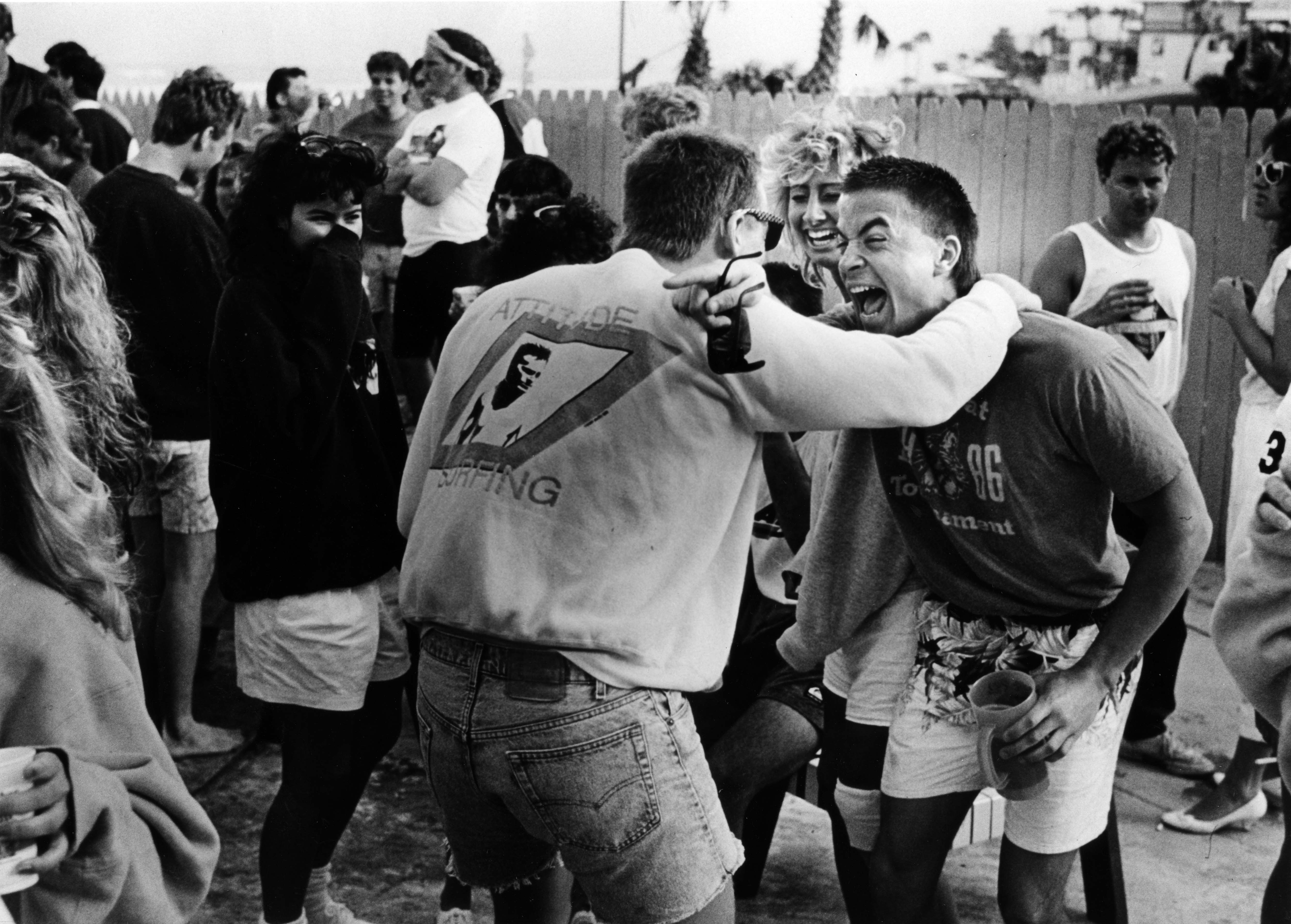 Dennis Gormeley (right) laughs uncontrollably with friend Eric Vonderlieth as...