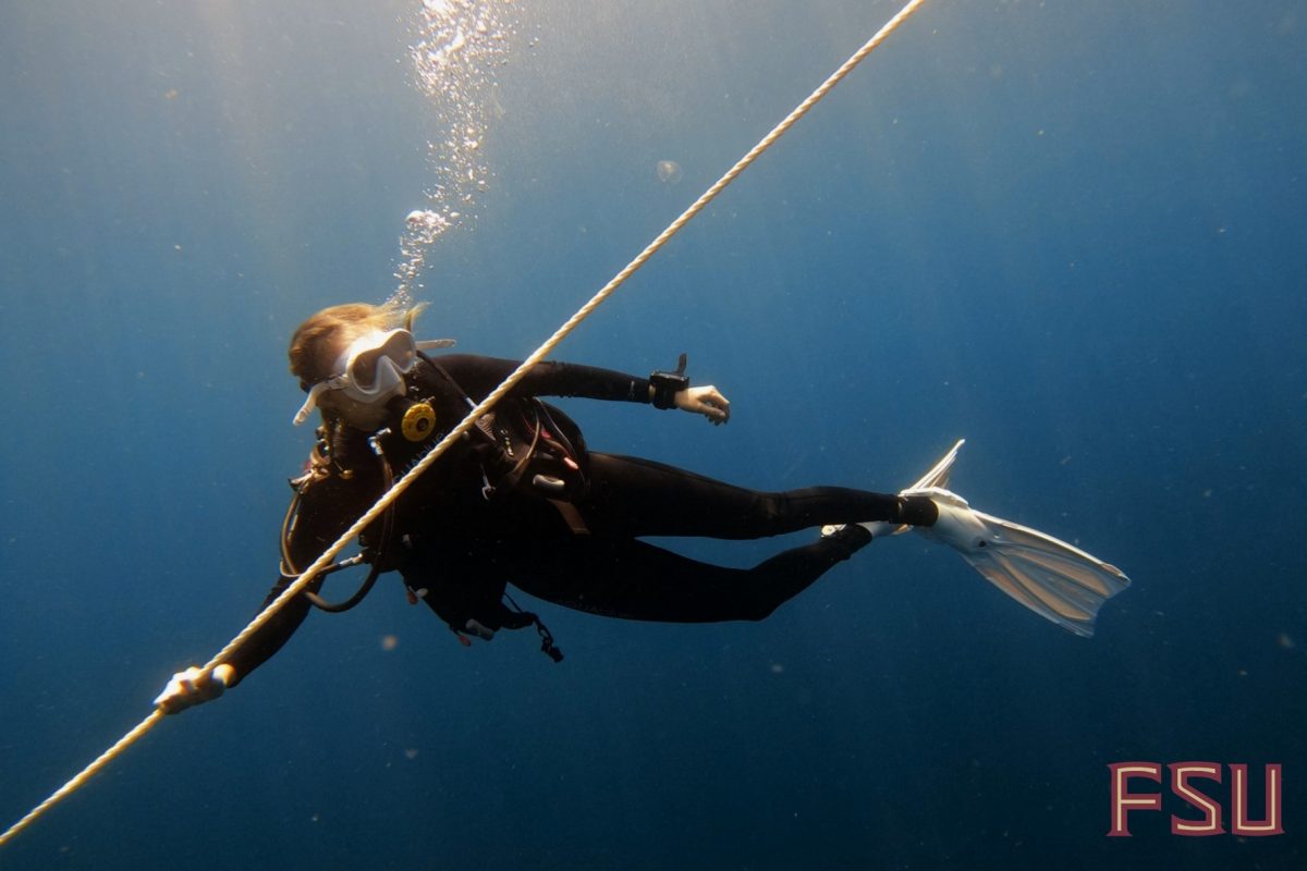 A woman holds onto a rope while scuba diving