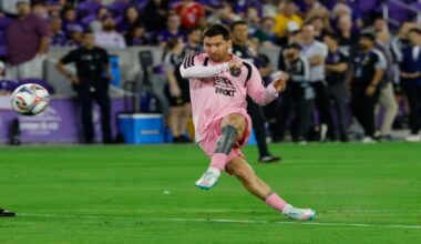 Inter Miami CF forward Lionel Messi takes practice kicks before an MLS soccer match against Orlando City SC, Sunday, March 1, 2026, in Orlando, Fla. (AP Photo/Kevin Kolczynski)