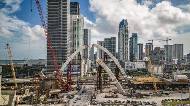 View of the ongoing construction of the arches for the I-395 signature bridge as part of the I-395/I-95 Design-Build Project, in Miami, on Thursday, February 15, 2024.