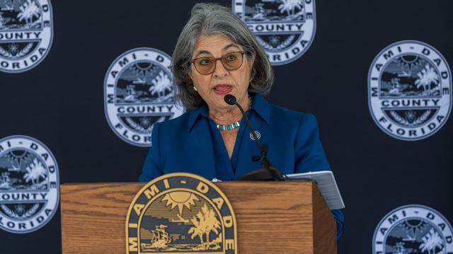 Miami-Dade Mayor Daniella Levine Cava speaks during a press conference at County Hall, to put pressure on county commissioners to sustain her veto of a new headquarters for Kelly Tractor off of State Road 836 and outside the county's Urban Development Boundary, on Tuesday, February 17, 2026.