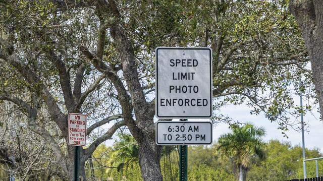 View of some school-zone speed limit signals that are part of the “School Zone Camera Safety Program” installed around the Palmetto Elementary, located at 12401 SW 74th Ave Pinecrest, on Wednesday, February 25, 2026.