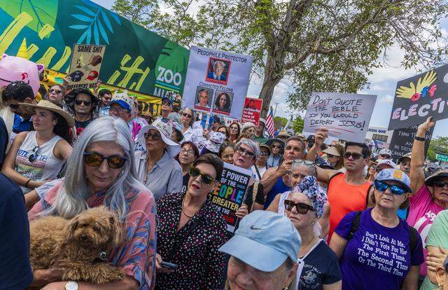 Protesters express their opinions during a ‘No Kings’ anti-Trump protest at Tropical Park, in Miami, as part of a nationwide campaign that includes South Florida, on Saturday March 28, 2026.