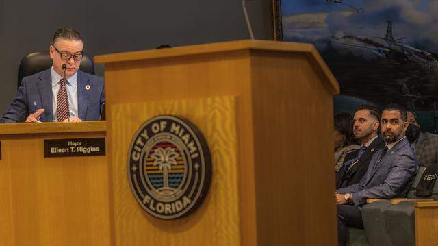 Actual City Manager Art Noriega (left) and James Reyes, the incoming City Manager named by newly elected Mayor Eileen Higgins, attended the first Miami City Commission meeting of 2026, at City Hall, on Thursday January 08, 2026.