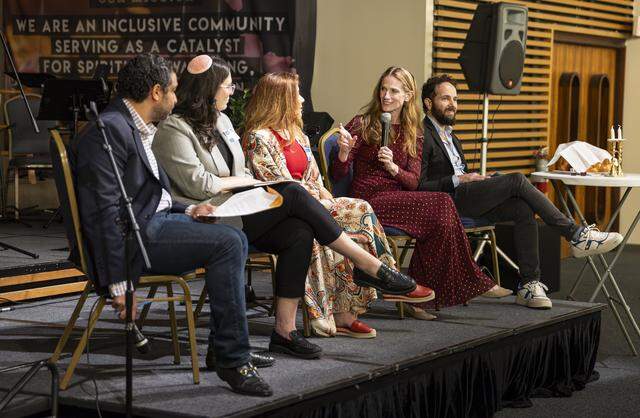Rabbi Rachel Greengrass speaks during an iftar dinner welcoming Muslims and Jews to discuss the role of fasting in both traditions at Temple Israel of Greater Miami on Friday, Feb. 27, 2026, in Miami, Fla.