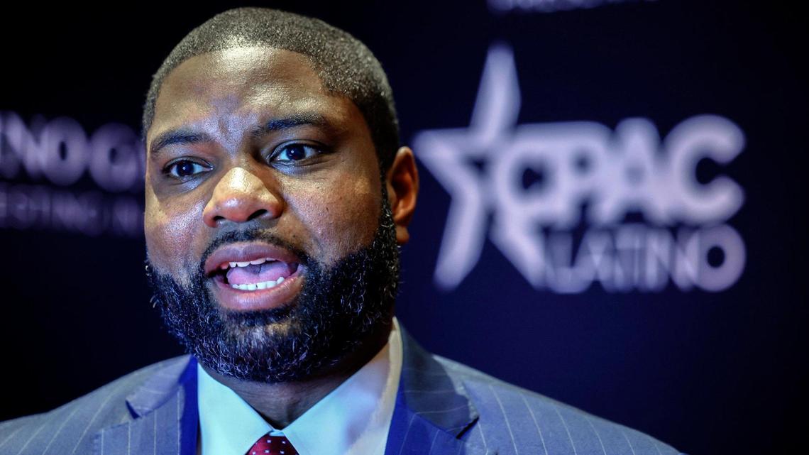 U.S. Congressman, Byron Donalds of Naples, who is running for Florida governor in the 2026 election, speaks to reporters during CPAC Latino 2025 at Seminole Hard Rock Hotel & Casino in Hollywood, Florida, on Saturday, June 28, 2025.