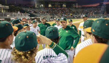 Miami Hurricanes coach J.D. Arteaga talks to players before the Hurricanes baseball season opener against the Lehigh Mountain Hawks at Mark Light Field in Coral Gables, Florida, Florida on Friday, February 13, 2026