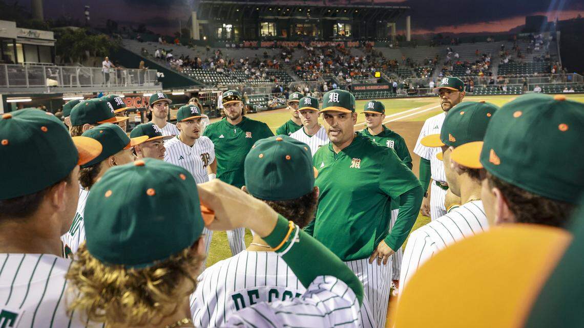 Miami Hurricanes coach J.D. Arteaga talks to players before the Hurricanes baseball season opener against the Lehigh Mountain Hawks at Mark Light Field in Coral Gables, Florida, Florida on Friday, February 13, 2026