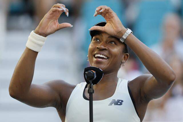 Coco Gauff reacts as she speaks to attendees after Aryna Sabalenka wins the Women's Final match during the Miami Open at Hard Rock Stadium in Miami Gardens, Florida, on Saturday, March 28, 2026.