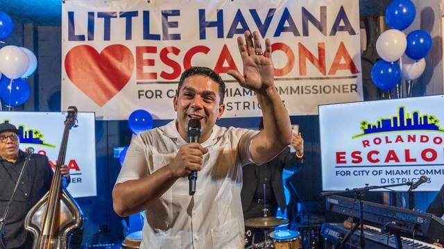 Rolando Escalona talks to supporters after winning Miami’s District 3 commission seat on Dec. 9, 2025. Escalona has launched a campaign to beautify Calle Ocho by purchasing a fleet of trucks to pick up garbage.