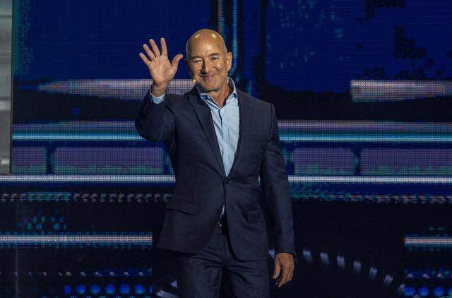Jeff Bezos, Founder of Amazon and Blue Origin, reacts as he enters the stage, during day two of the America Business Forum, at the Kaseya Center in Miami, on Thursday November 06, 2025.