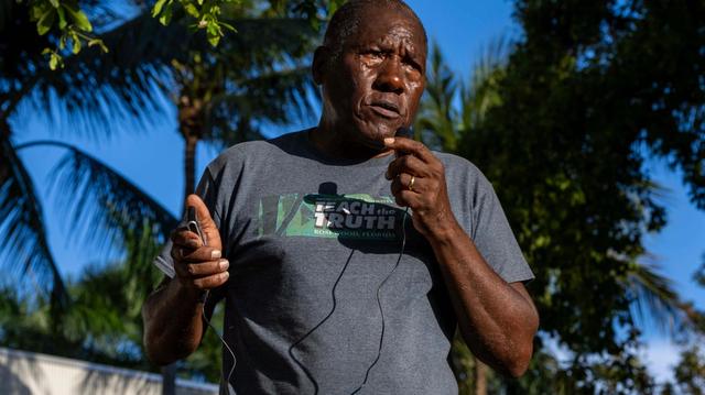 Former Florida International University professor and historian Marvin Dunn speaks to attendees about the Rosewood Massacre during a “Black History Learning Tree” event at FIU on Tuesday, April 1, 2025, in Miami, Fla.