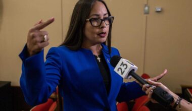 Interim Mayor Jacqueline Garcia-Roves speaks to Univision following a city budget council meeting at Hialeah City Hall on Monday, September 15, 2025, in Hialeah, Fla.