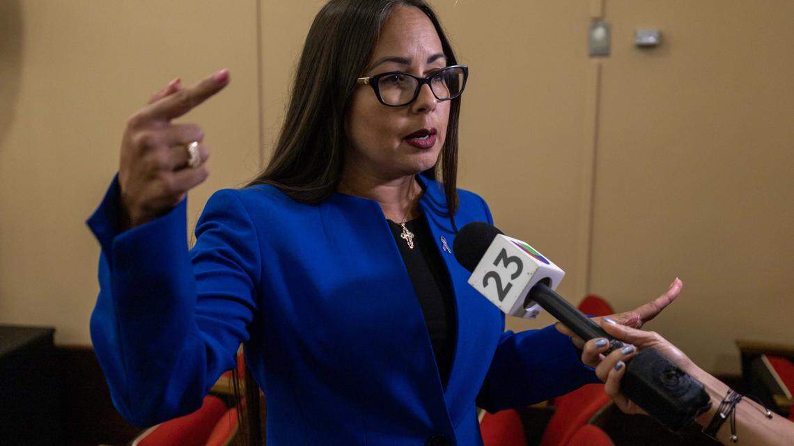 Interim Mayor Jacqueline Garcia-Roves speaks to Univision following a city budget council meeting at Hialeah City Hall on Monday, September 15, 2025, in Hialeah, Fla.