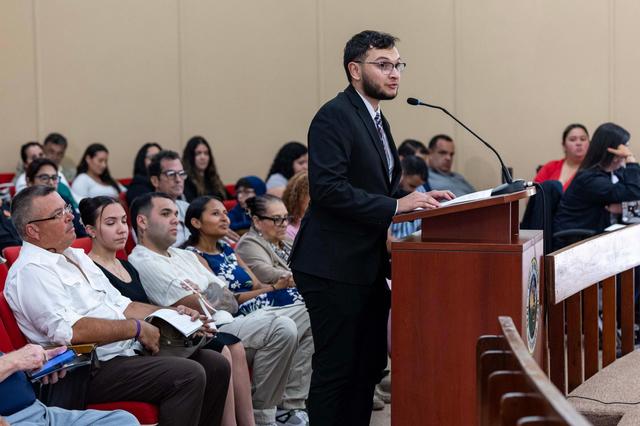William Marrero gives comment during a city council meeting to decide the interim council member replacing now-mayor Jacqueline Garcia-Roves on Tuesday, May 13, 2025, at city hall in Hialeah, Fla.