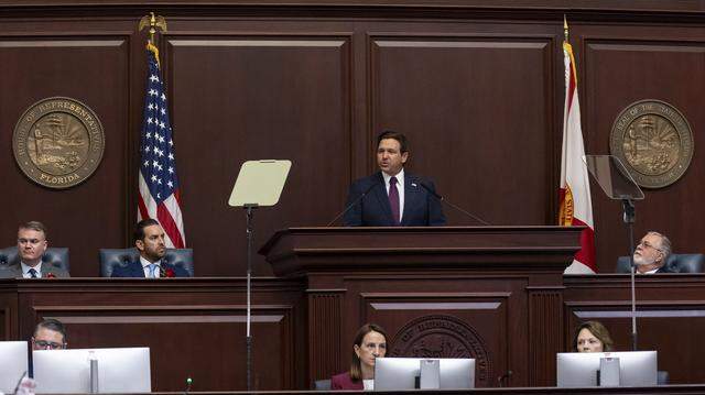 Gov. Ron DeSantis delivers his State of the State address as Florida House Speaker Daniel Perez, R-Miami, and Florida Senate President Ben Albritton, R-Wauchula, listen on Jan. 13, 2026, in Tallahassee.