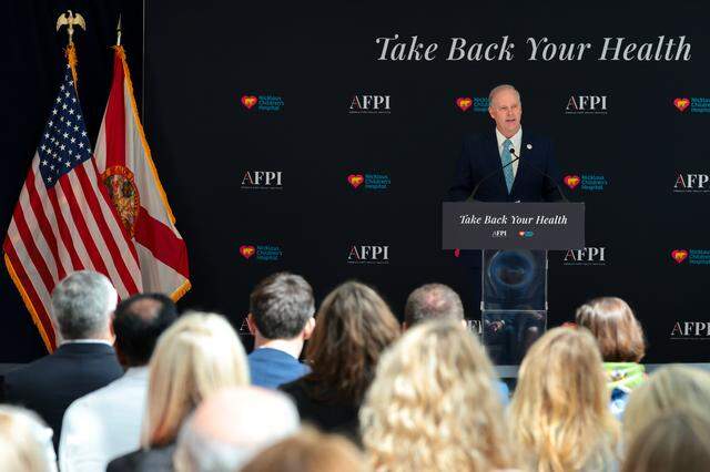 Florida Commissioner of Agriculture Wilton Simpson speaks to reporters and a crowd of invited guests about a new farm-to-hospital partnership during a press conference at Nicklaus Children’s Hospital in Miami, Florida, Monday, March 30, 2026. The initiative aims to connect Florida farms to hospital food programs to strengthen local agriculture and improve patient health outcomes.