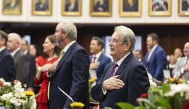 Sen. Don Gaetz, R-Niceville, listens to the Pledge of Allegiance during the first day of the legislative session at the Florida State Capitol on Tuesday, March 4, 2025, in Tallahassee, Fla.
