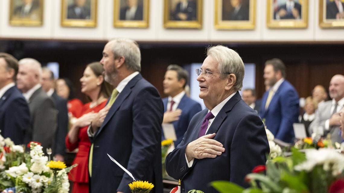 Sen. Don Gaetz, R-Niceville, listens to the Pledge of Allegiance during the first day of the legislative session at the Florida State Capitol on Tuesday, March 4, 2025, in Tallahassee, Fla.