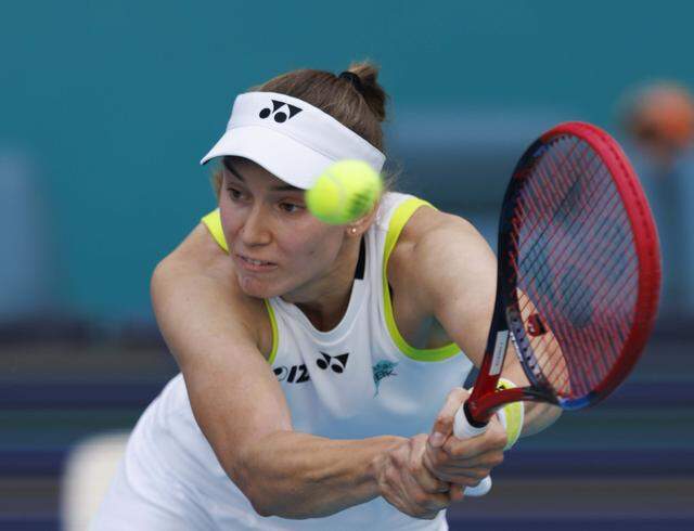 Elena Rybakina (KAZ) returns the ball to Jessica Pegula (USA) during the women’s singles quarterfinal at the Miami Open on Wednesday, March 25, 2026, at Hard Rock Stadium in Miami Gardens, Fla. Rybakina beat Pegula and advanced.  