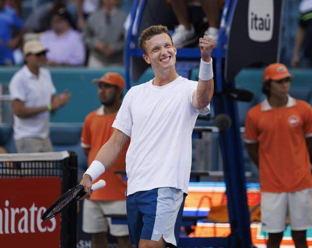 Jiri Lehecka (CZE) celebrates winning the men's singles quarterfinal at the Miami Open against Martin Landaluce (ESP) on Wednesday, March 25, 2026, at Hard Rock Stadium in Miami Gardens, Fla. Lehecka beat Landaluce in the match and advanced.