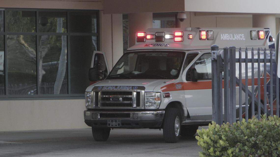 An ambulance transports a patient to the emergency room at Broward Health Medical Center in Fort Lauderdale, Florida.