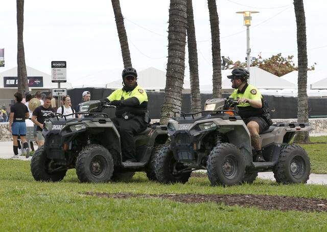 Police are on patrol in South Beach during spring break on Saturday, March 14, 2026 in Miami Beach. 