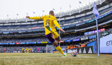 Image of Braian Ojeda taking a corner at Yankee Stadium against New York City FC