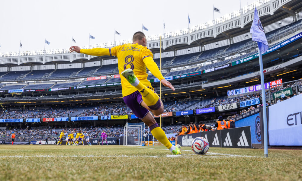 Image of Braian Ojeda taking a corner at Yankee Stadium against New York City FC