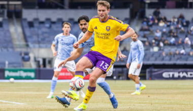 Image of Duncan McGuire playing the ball against New York City FC.