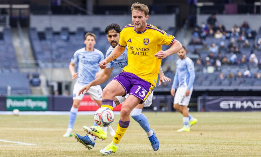 Image of Duncan McGuire playing the ball against New York City FC.