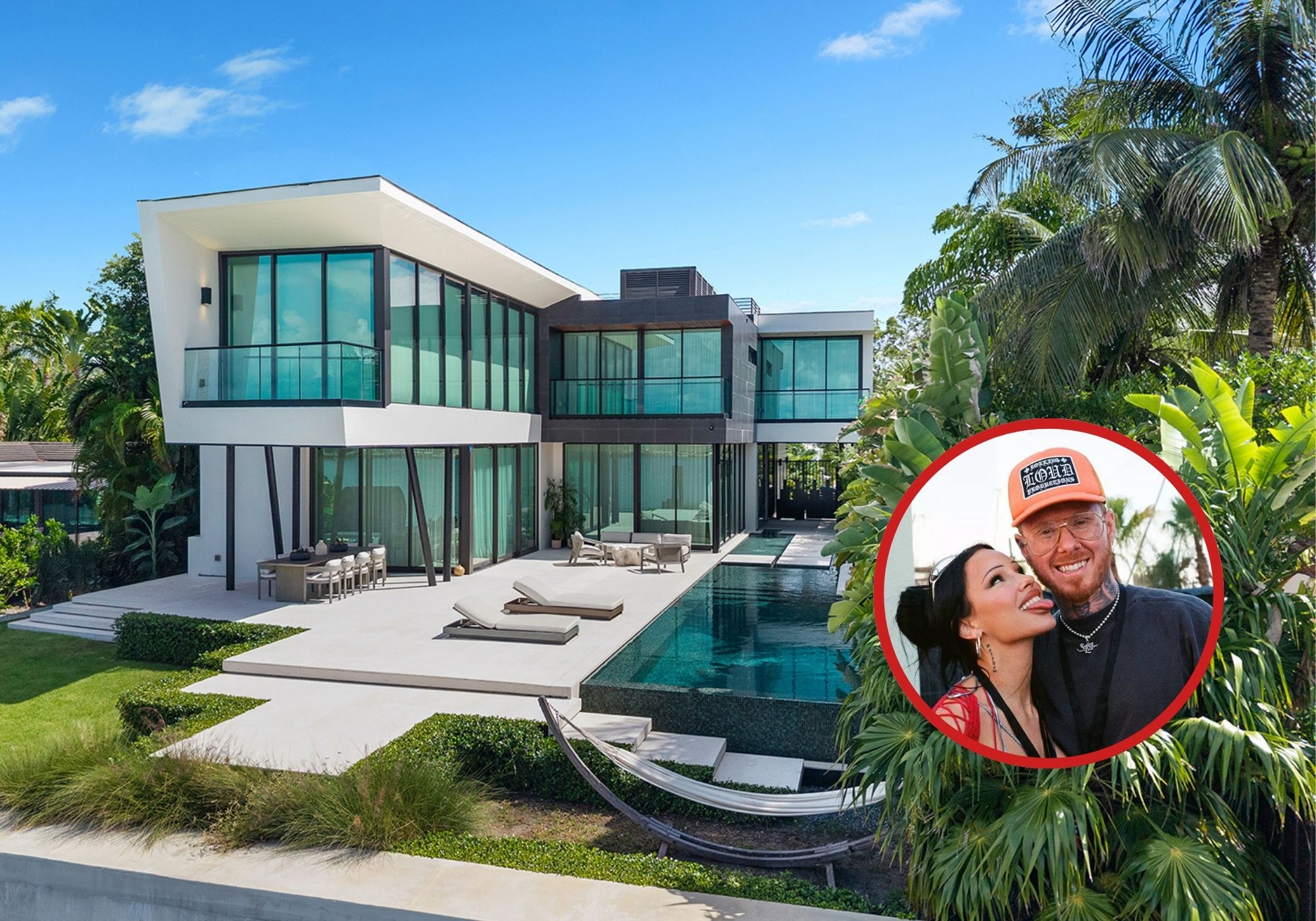 Photo collage featuring a Miami Beach Waterfront Mansion and Matt Zingler of Rolling Loud Festival.