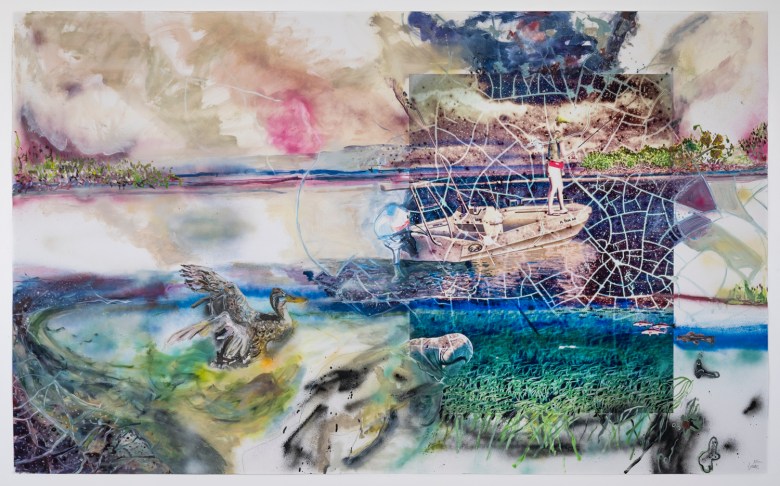 Contemporary mixed-media painting titled 'Awkward Transactions' by Lisa McCarthy and Wallace Wilson, depicting Florida coastal wildlife, a manatee, and a skiff boat.