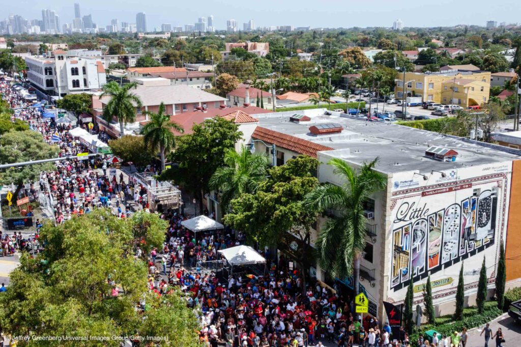 Aerial view of crowd at the annual street festival in Calle Ocho. (© Jeffrey Greenberg/Universal Images Group/Getty Images)
