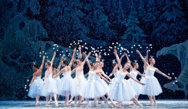 Photo of about a dozen ballerinas dancing on a stage in tiaras, tulle skirts, and pointe shoes. Fake snow appears to be falling all around them