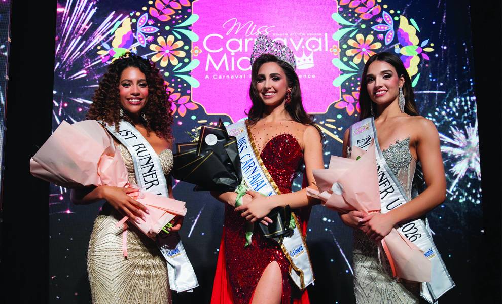 Fabiana Petruzzi crowned Miss Carnaval Miami 2026: A new voice for leadership in Miami-Dade County 2 Three pageant winners stand on stage in front of a colorful “Miss Carnaval Miami” backdrop with fireworks graphics.