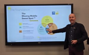 a man speaks to a powerpoint presentation