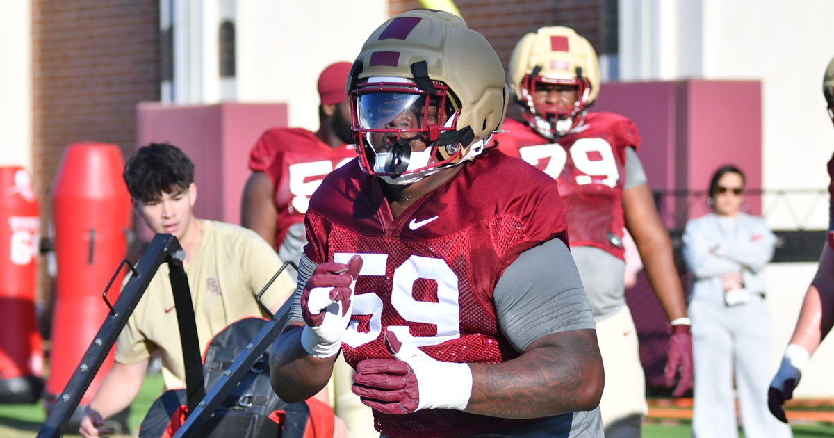 Junior college transfer offensive lineman Steven Moore takes part in FSU practice. (Gene Williams/Warchant)