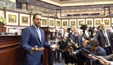 Florida House Speaker Daniel Perez speaks to the media during the first day of the legislative session at the Florida State Capitol on Jan. 13 in Tallahassee. (MATIAS J. OCNER/Miami Herald)