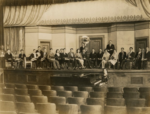 Orlando High School band and orchestra on the Robinson Street campus auditorium stage, 1930. The stage remains in use today as part of Howard Middle School's performing arts program. (Courtesy of the Orange County Regional History Center)