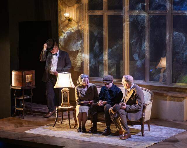 From left, Jason Peck as Lucien, Patti Gardner as Irma, Holden Peck as Young Pierre, and Bruce Sabath as Adolphe in GableStage’s production of Joshua Harmon’s ‘Prayer for the French Republic’ playing through Sunday, April 19.