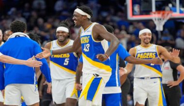 Indiana Pacers forward Pascal Siakam (43) celebrates with teammates including forward Jarace Walker (5) and guard Andrew Nembhard, right, after defeating the Orlando Magic in an NBA basketball game, Monday, March 23, 2026, in Orlando, Fla. (AP Photo/John Raoux)