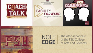 A composite graphic of five logos for FSU podcasts. They read: “Coach Talk: FSU Center for Athletic Coaching,” “Faculty Forward: Insightful Innovation Florida State University College of Medicine Center for Professional Development,” “FSU COMMversation,” “FSU: The InNOLEvation Mindset,” and “Nole Edge, The official podcast of the Florida State University College of Arts and Sciences.”