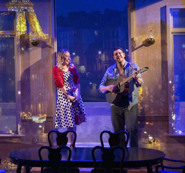 Casey Sacco and Jeremy Sevelovitz in ‘Prayer for the French Republic’ at GableStage with Jamie Godwin’s projection designs.
