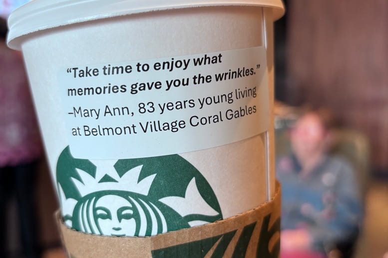 Seniors add uplifting quotes to coffee cups at Starbucks