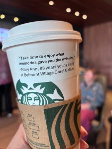 Seniors add uplifting quotes to coffee cups at Starbucks