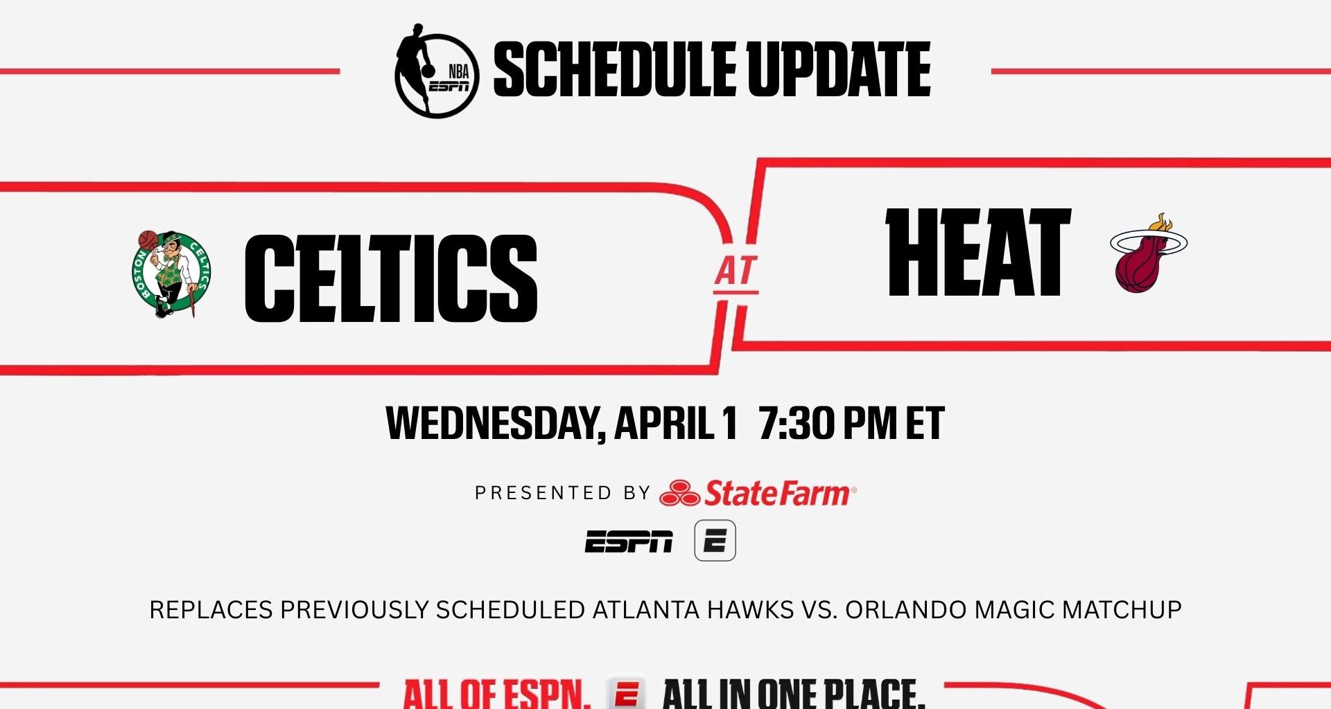 ESPN NBA schedule update: Boston Celtics vs. Miami Heat added on April 1
