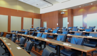 An empty Student Government senate chambers.