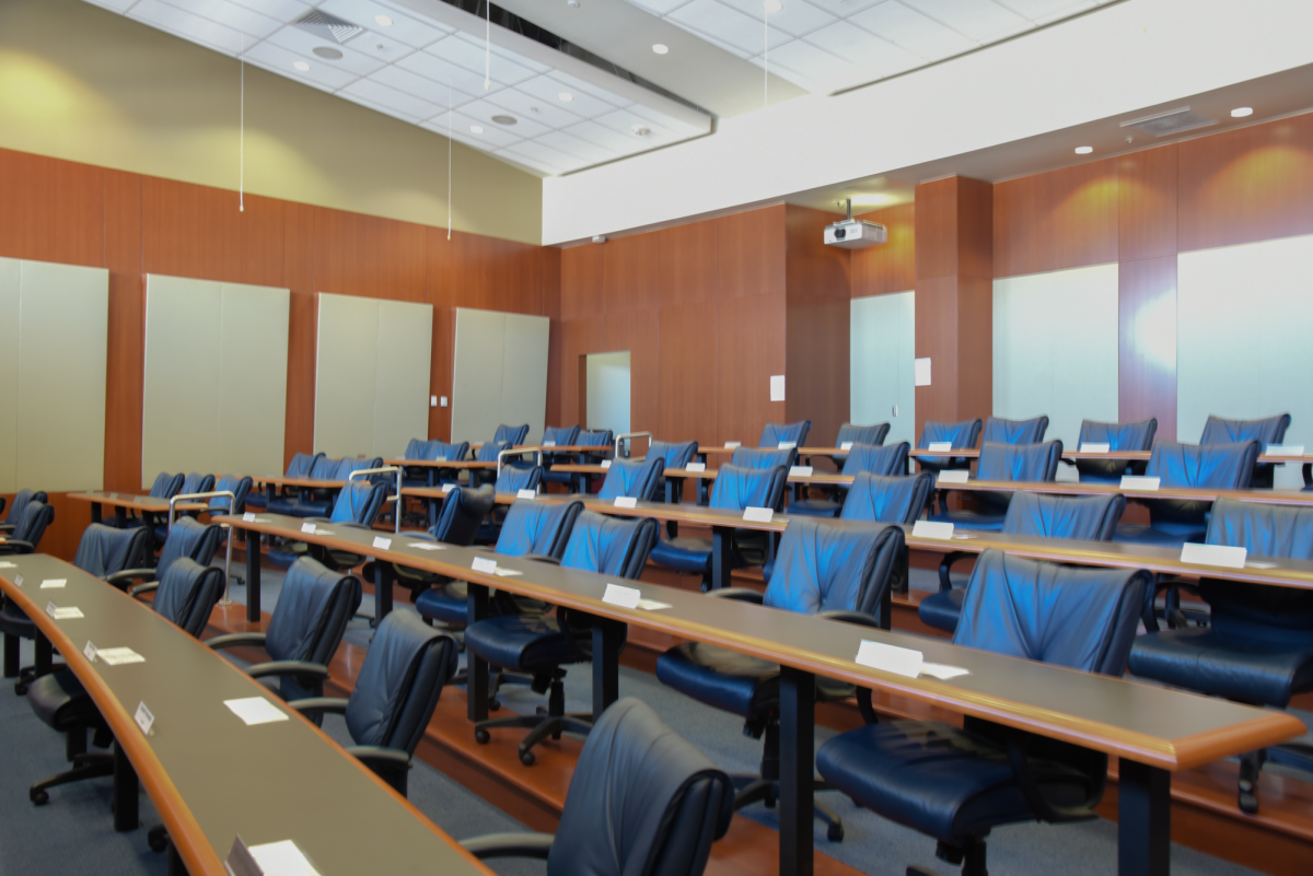 An empty Student Government senate chambers.