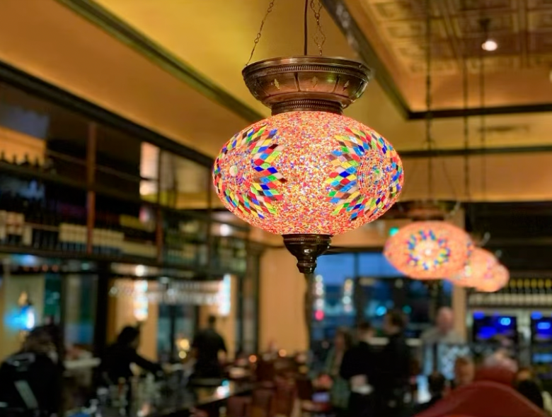 a Turkish lamp in focus at a Bosphorous restaurant